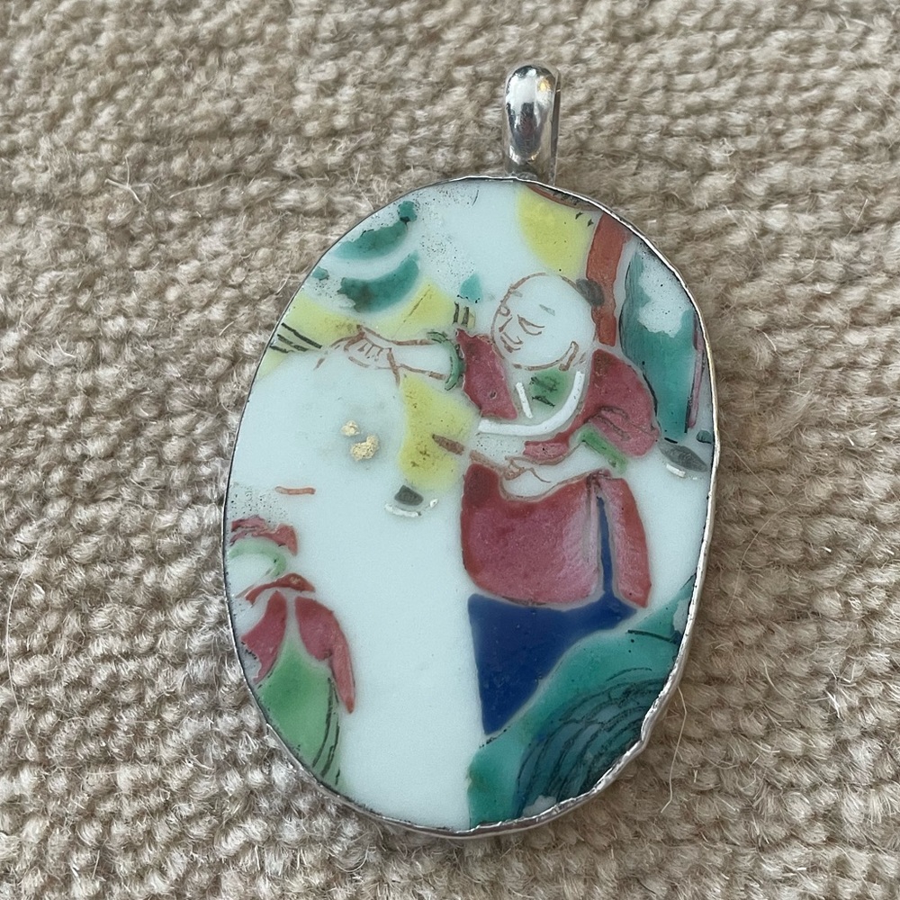 Sterling silver enamel Asian pendant